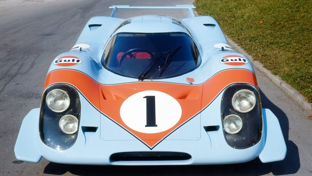 high 917 in the brand colours of us oil company and sponsor gulf light blue and orange porsche ag